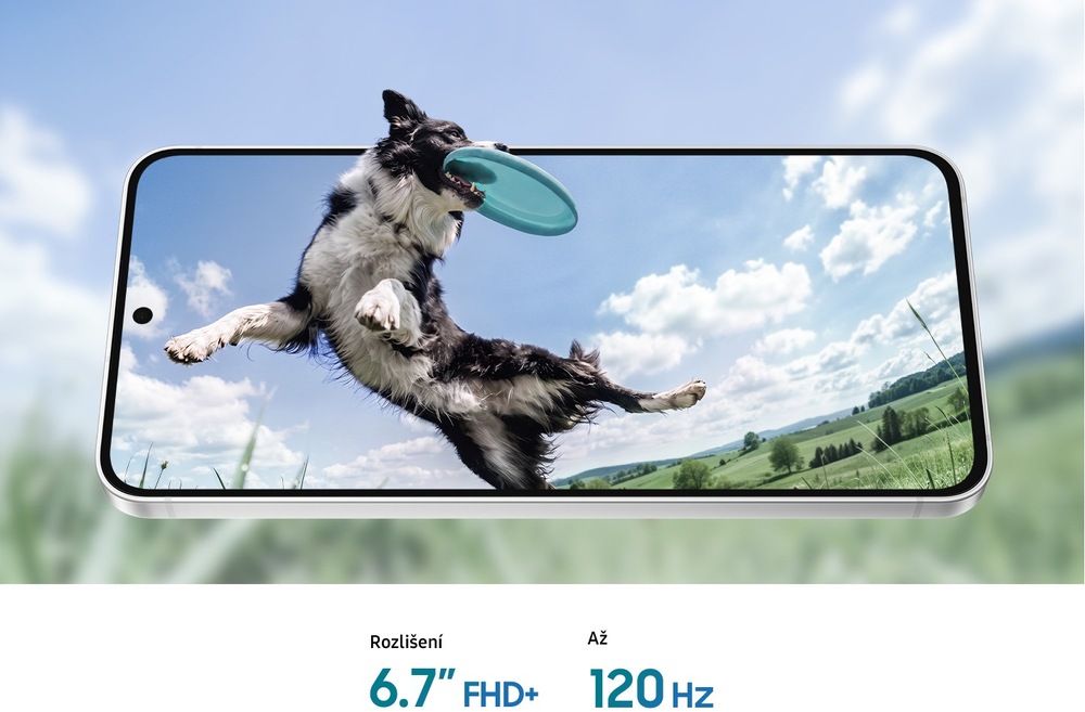 Mobilní telefon Samsung Galaxy S26 FE 5G s 6,7" displejem a obnovovací frekvencí 120 Hz při zobrazení pohybujícího se psa