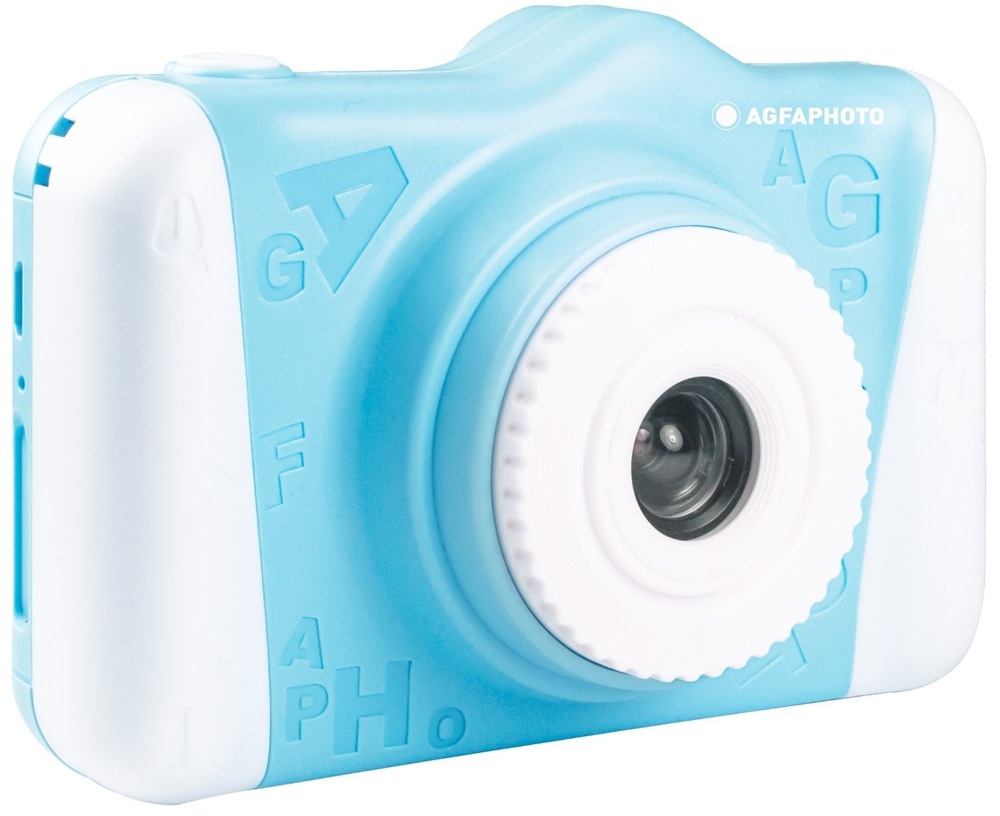 Digitální fotoaparát AgfaPhoto Realikids Cam 2 modrý Přední pohled na objektiv dětského fotoaparátu AgfaPhoto Realikids Cam 2.