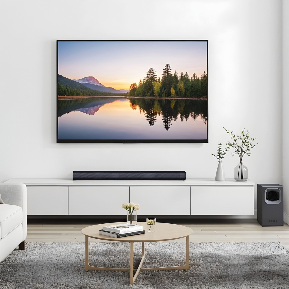 Moderní obývák se soundbarem TESLA PrimeSound HQ-995X i subwooferem bez jediného viditelného kabelu