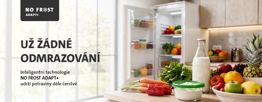 Reklamní banner s nápisem „UŽ ŽÁDNÉ ODMRAZOVÁNÍ“. V pozadí je otevřená lednice No Frost ADAPT+ plná čerstvé zeleniny a ovoce, v popředí na lince mléko a zelenina. Inteligentní technologie pro delší čerstvost potravin