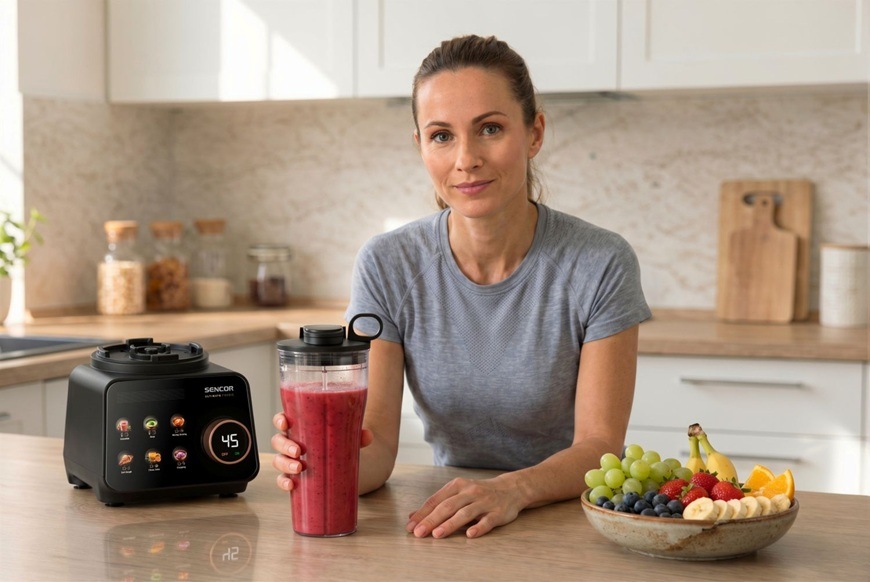 Kuchyňský robot Sencor SBU 9878BK 5v1 černý Mladá žena je opřená o kuchyňskou linku a v ruce drží vrchní část mixéru se smoothie.