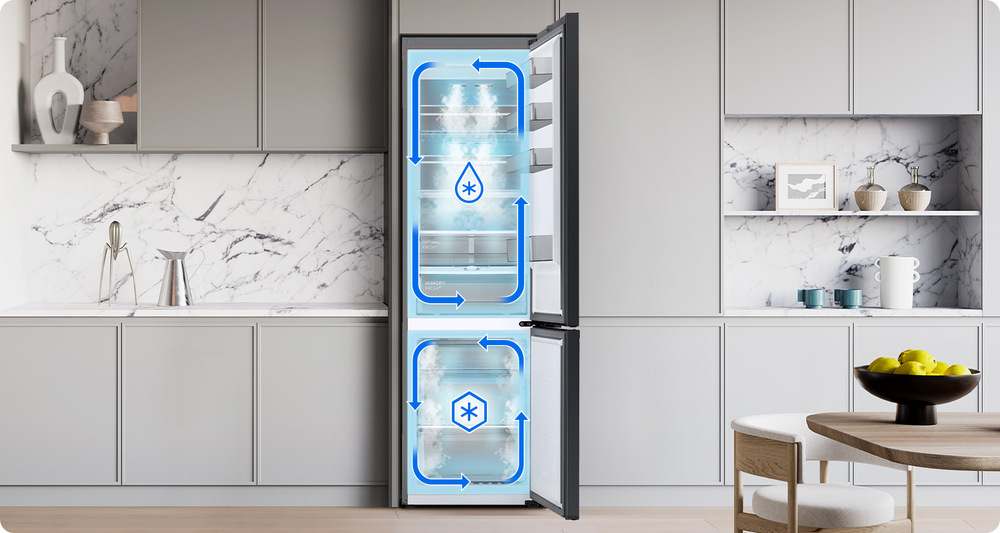 Znázornění dvou oddělených okruhů chlazení Twin Cooling na fotografii lednice v kuchyni