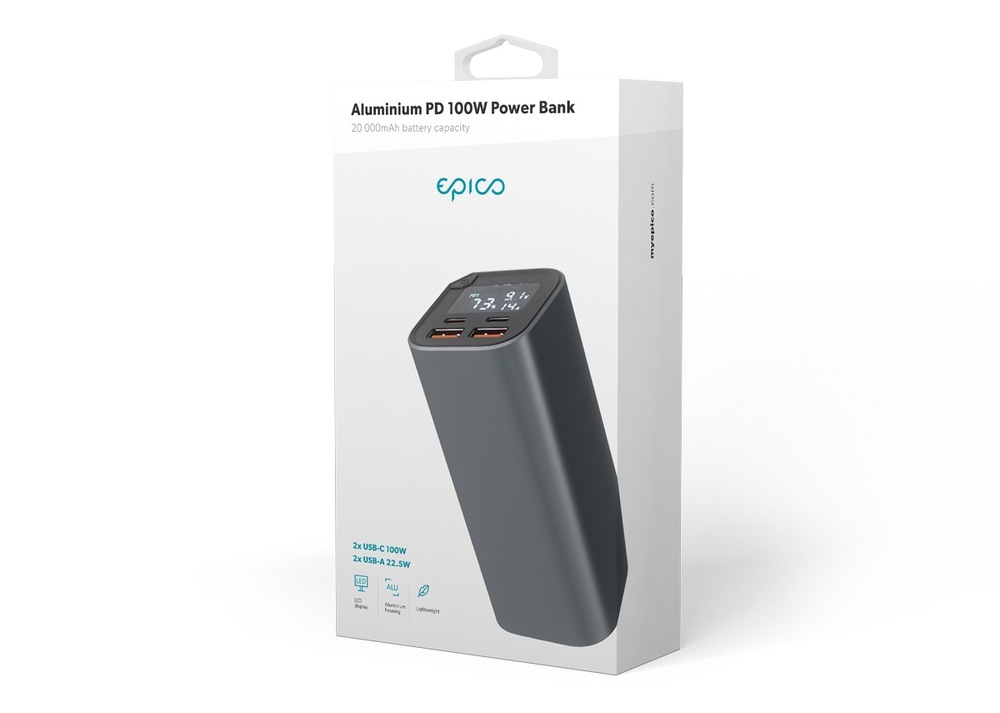 Powerbanka Epico Aluminium 20000 mAh, PD 100 W šedá