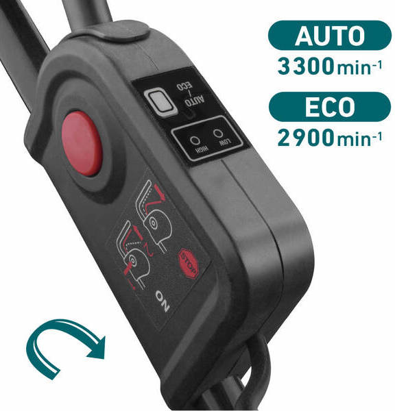 Sekačka EXTOL Industrial 8791903 (bez baterie) Ovládací panel aku sekačky EXTOL Industrial s tlačítkem startu a přepínačem režimů ECO 2900 ot./min a AUTO 3300 ot./min