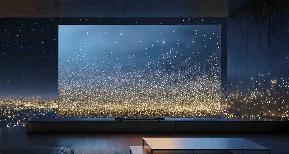 Velká moderní televizní obrazovka zobrazuje oslnivou noční oblohu s nespočtem hvězd, která plynule zapadá do minimalistického, tlumeně osvětleného a elegantního dekoru místnosti.