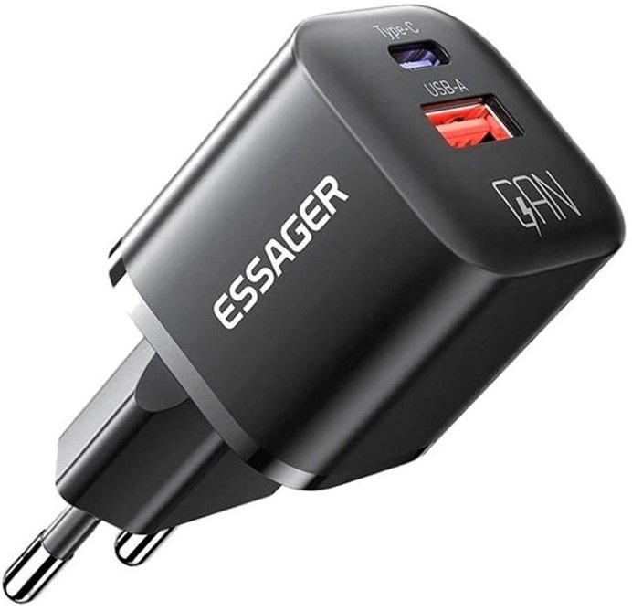 Nabíječka do sítě Essager 20W, GaN, USB-C, USB-A v černé barvě