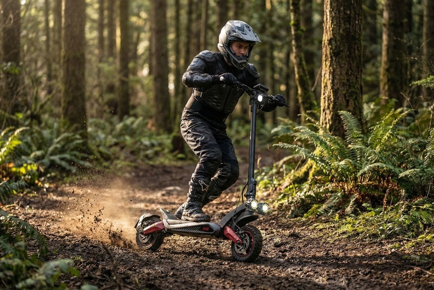 Elektrická koloběžka Sencor SCOOTER X40 černá Elektrická koloběžka Sencor SCOOTER X40 při dynamické jízdě po lesní terénní stezce.