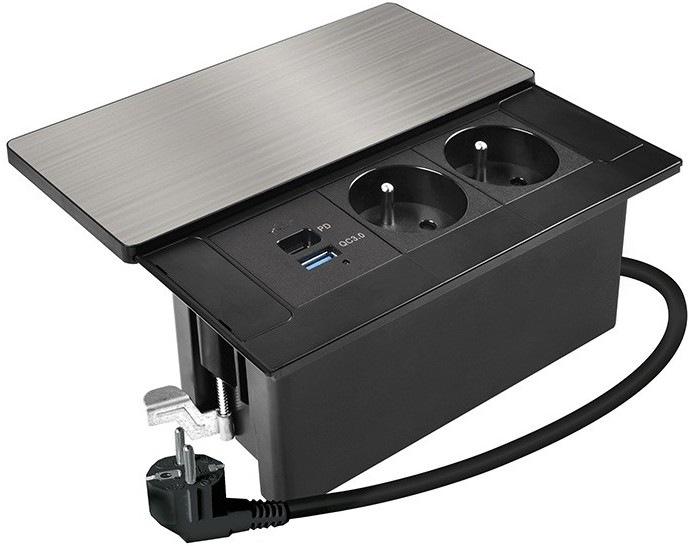 Zásuvkový modul Solight 2 zásuvky, USB-A, USB-C, PD 20W s posuvným krytem a 2metrovým kabelem