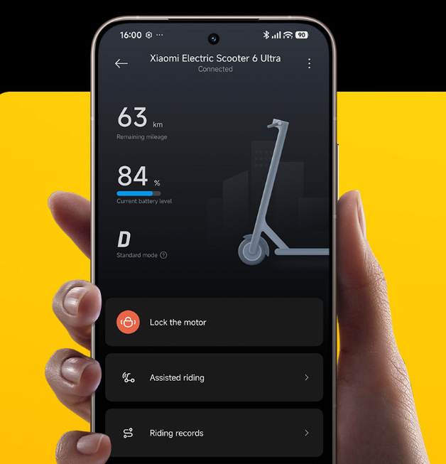 Elektrická koloběžka Xiaomi Scooter 6 Ultra černá/žlutá Xiaomi Electric Scooter 6 Ultra zaujme i mobilní aplikací Xiaomi Home