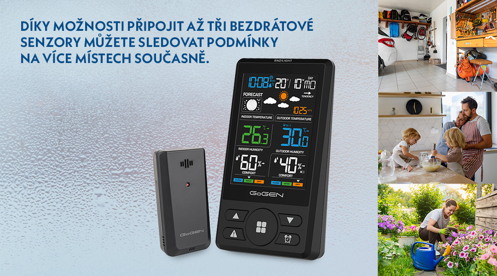 Meteostanice GoGEN ME 1250 s bezdrátovým senzorem a možností připojení až tří čidel současně pro sledování teploty a vlhkosti v garáži, kuchyni nebo na zahradě