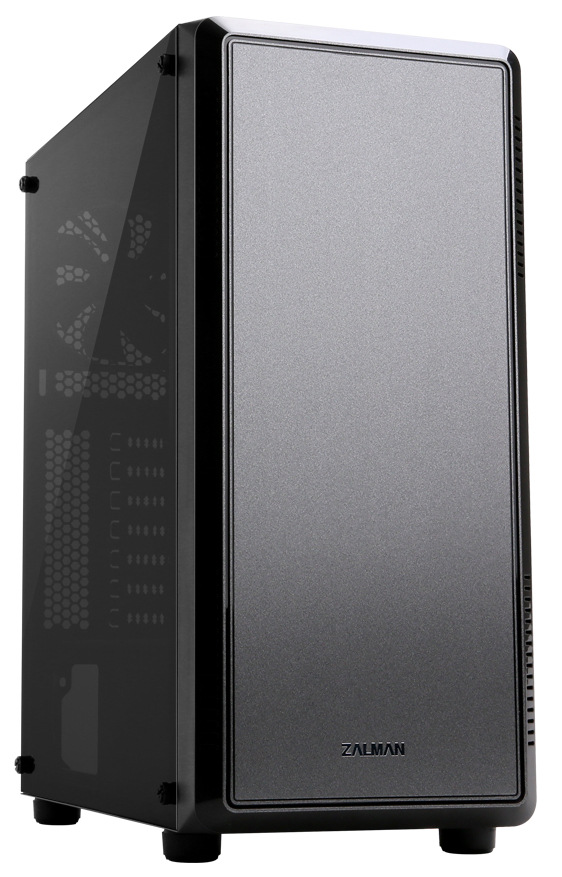 Na obrázku je PC skříň Zalman S4, černá/stříbrná z čelního šikmého pohledu. Dominantní je velký hladký stříbrný přední panel orámovaný černým rámem, dole s nápisem ZALMAN. Na levé straně je tmavá průhledná bočnice, přes kterou jen lehce prosvítají vnitřní výřezy pro ventilaci a sloty. Po pravém okraji předního panelu je vidět úzká větrací mřížka pro přívod vzduchu. Skříň stojí na nízkých nožkách.