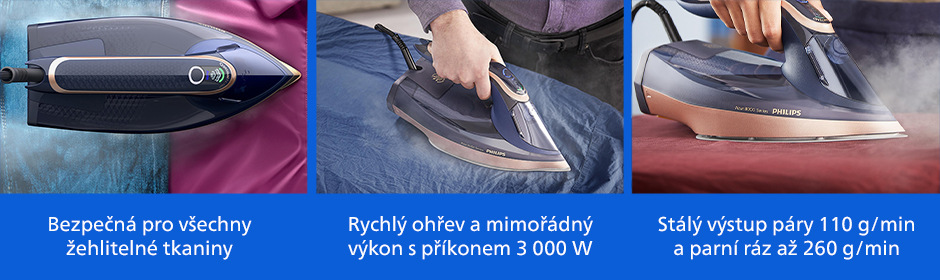 Napařovací žehlička Philips DST8070/80 8000 Series s vynikajícím výkonem, rychlým ohřevem a stálým výstupem páry.