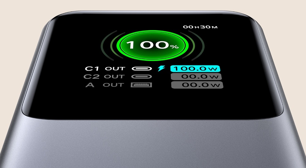 Detail displeje powerbanky UGREEN 20 000 mAh se stavem nabití a výkonem výstupů