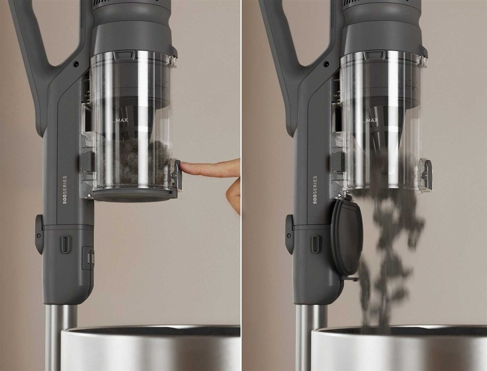 Tyčový vysavač Electrolux 500 Animal EP51AH18DG šedý Vyprázdnění prachové nádobky do koše.