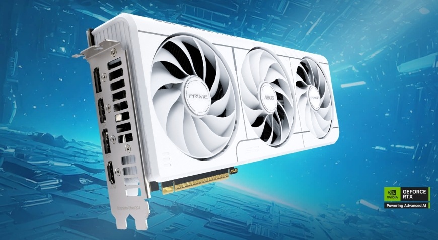Grafická karta Asus Prime GeForce RTX 5070 OC White 12G bílá Asus Prime GeForce RTX 5070 OC White 12G prezentovaná v herním prostředí s logem NVIDIA GeForce RTX Powering Advanced AI