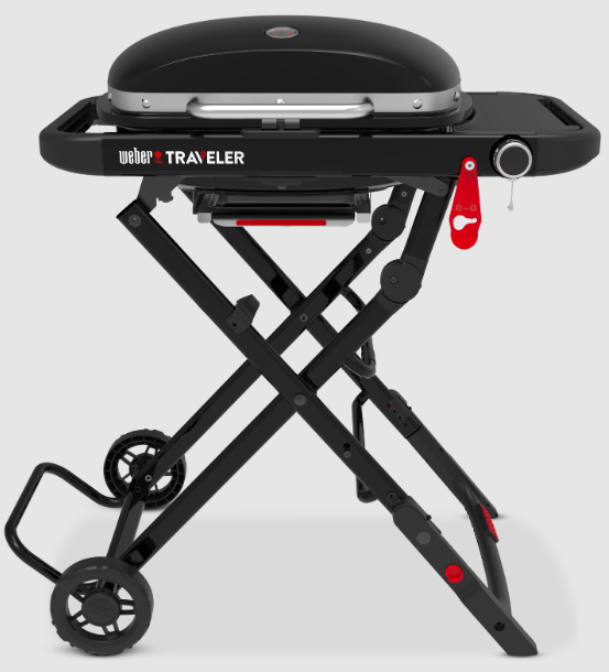 Detail skládací konstrukce a ovládacího knoflíku grilu Weber Traveler Compact