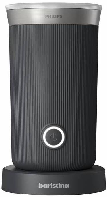 Napěňovač mléka Philips Baristina BAR311/60 černý Philips Baristina BAR311/60 černý automatický napěňovač mléka s jedním tlačítkem na přední straně a kovovým horním lemem, stojící na podstavci s logem baristina
