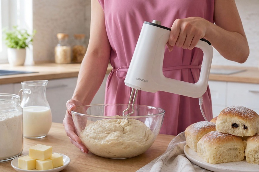 Žena využívá rční šlehač s násadkou na hnětení domácího těsta. Kolem ní jsou na lince rozprostřeny také další ingredience, jako je mléko, mouka a máslo.