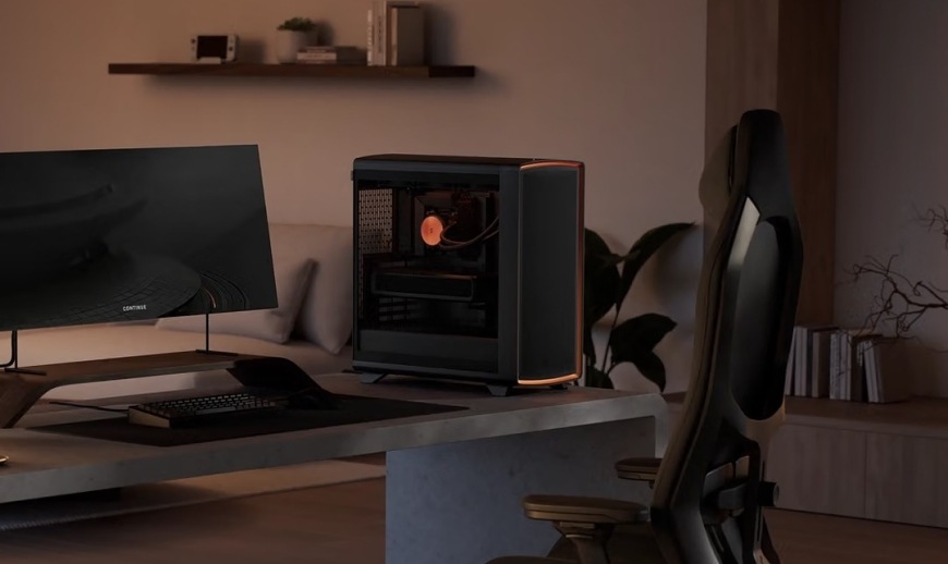 Case FRACTAL DESIGN Summit Ambience Blackout TG Light Tint černá FRACTAL DESIGN Summit Ambience Blackout TG Light Tint v herní sestavě s oranžově nasvíceným předním panelem