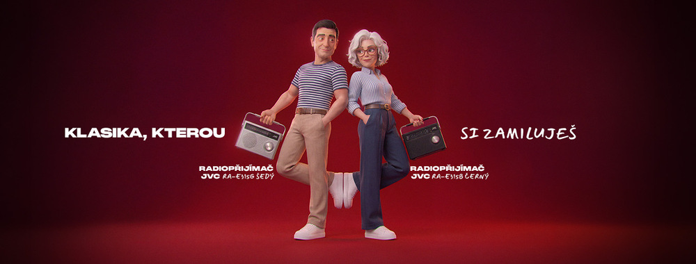 Radiopřijímače JVC RA-E315S šedý a JVC RA-E315B černý – reklamní banner „Klasika, kterou si zamiluješ“ s animovanou dvojicí