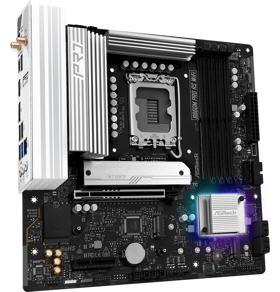 Základní deska ASRock B860M Pro RS WiFi Základní deska ASRock B860M Pro RS WiFi v černo-bílém provedení s podporou procesorů Intel a DDR5