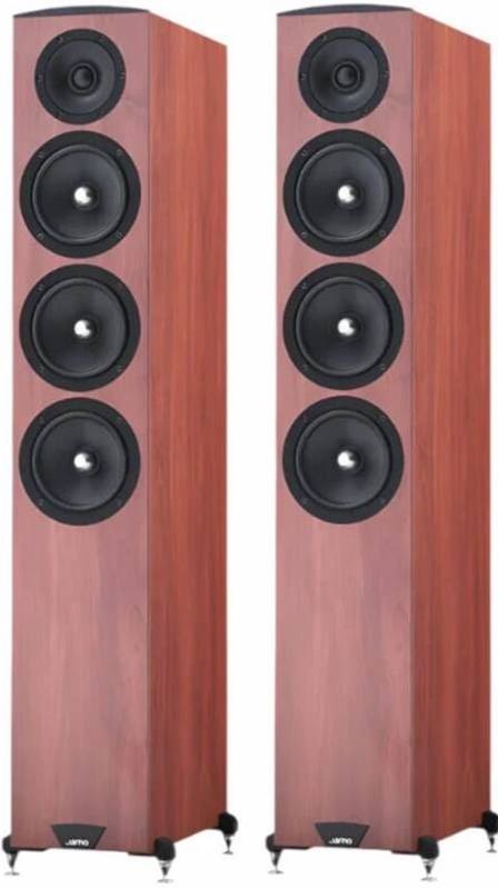 Jamo C607 MKII sloupové reproduktory v dřevěném dekoru s černými měniči a elegantní úzkou konstrukcí