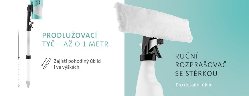 Příslušenství k čističi oken ETA Finestro Max – text: Prodlužovací tyč až o 1 metr zajistí pohodlný úklid i ve výškách. Ruční rozprašovač se stěrkou pro detailní úklid