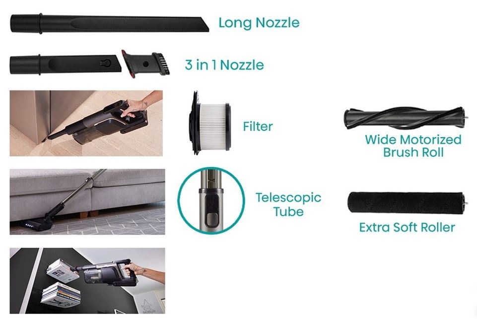 Tyčový vysavač Hisense HVC646630A Hi-Move VI Adapt InverterTech černý hubice k vysavači Hisense HVC646630A, kterými lze vysavat ruzna mista a povrchy.