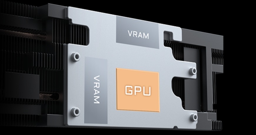 Grafická karta GIGABYTE GeForce RTX 5060 OC Low Profile 8G Detail základny chladiče grafické karty GIGABYTE RTX 5060 OC s kontakty pro VRAM a GPU