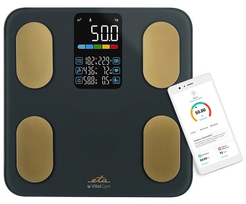 Tmavě šedá diagnostická osobní váha ETA Vital Gym se čtyřmi zlatými elektrodami, velkým barevným LED displejem a propojením s mobilní aplikací na smartphonu