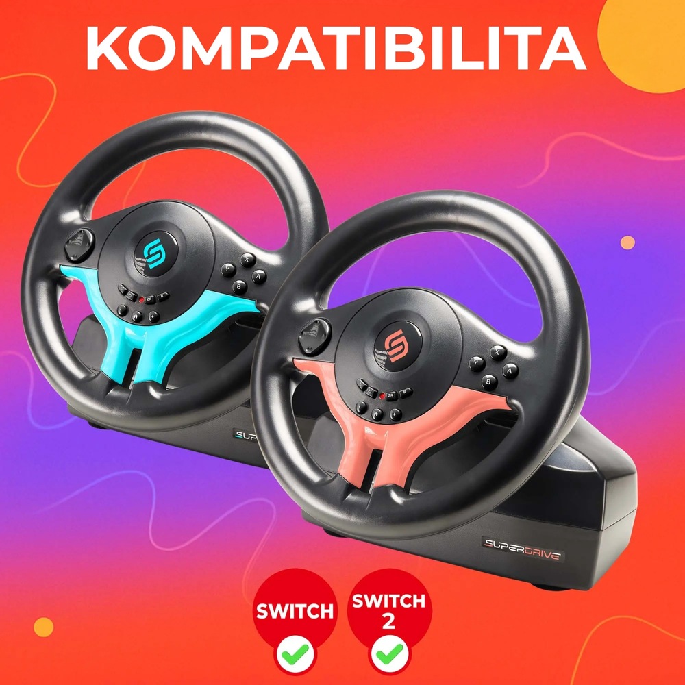 Volant SUPERDRIVE SV250 SP Edition Blue modrý Dva herní volanty, jeden s modrými akcenty a druhý s červenými, jsou umístěny na zářivém gradientním pozadí. Pod nimi je zobrazen text „KOMPATIBILITA“ a ikony Switch a Switch 2.