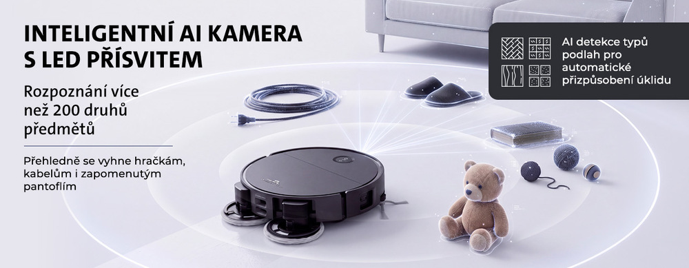 Robotický vysavač ETA Triton AI Aqua Pro 8993 90000 černý Černý robotický vysavač ETA Triton AI Aqua Pro s inteligentní AI kamerou a LED přísvitem rozpoznává překážky jako kabely, hračky nebo pantofle a detekuje typy podlah pro automatické přizpůsobení úklidu