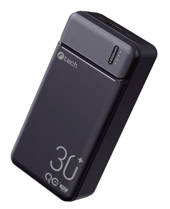 Powerbanka C-Tech 30000 mAh, Li-Pol, 20W, USB-C/USB-A/micro USB černá