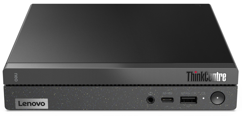PC mini Lenovo ThinkCentre neo 50q Gen 4 černý Snímek mini PC. Vidíme čelo a vršek PC. Na čele jsou USB a audio porty a tlačítko pro zapnutí a vypnutí PC.