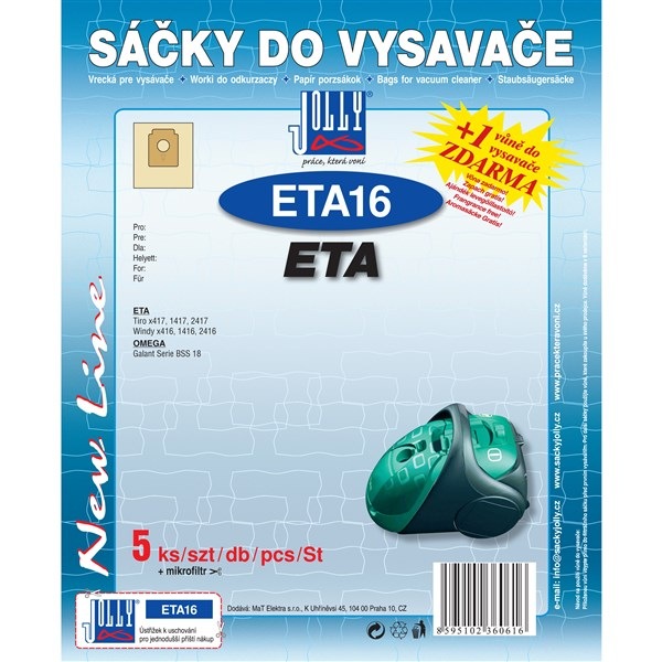 Sáčky Jolly do vysavače ETA a Omega v počtu 5 + 1 ks, snadná instalace