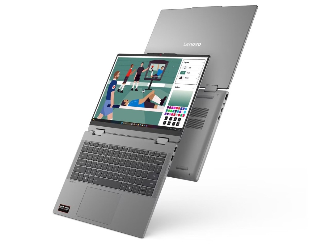 Dva otevřené notebooky Lenovo IdeaPad 5 2-in-1 14AGP11 na 180°