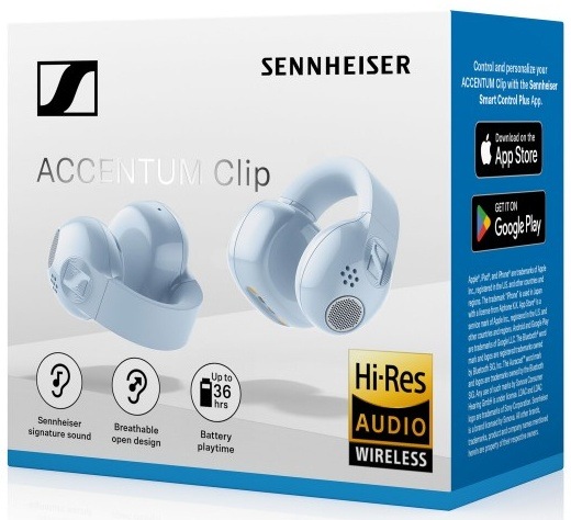 Sluchátka Sennheiser ACCENTUM Clip Ice modrá Krabice sluchátek Sennheiser Accentum Clip s vyobrazením funkcí a výdrže baterie.
