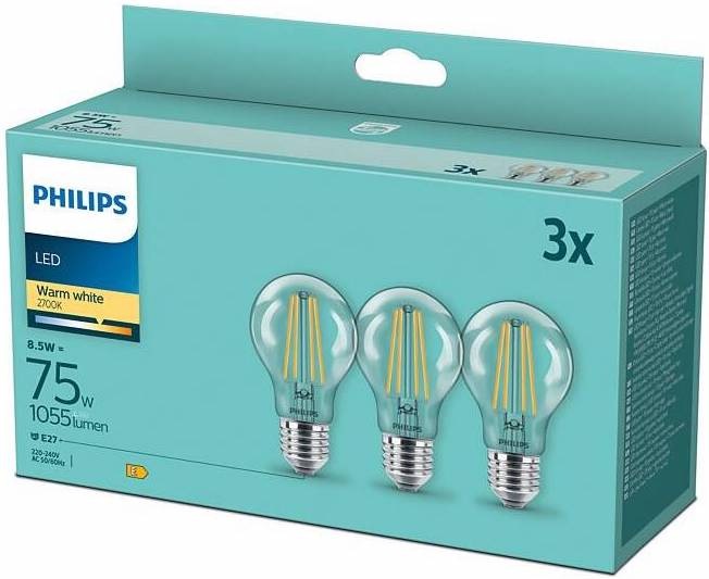 Žárovka LED Philips klasik, 8,5W, E27, teplá bílá, 3ks