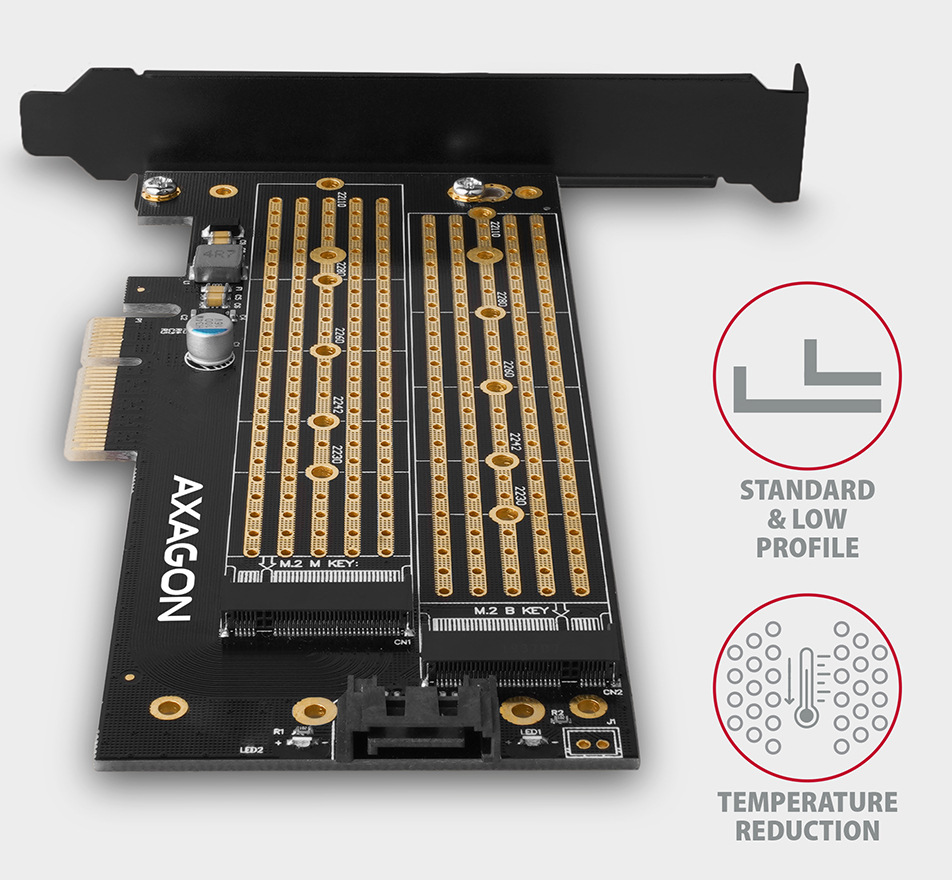 Řadič Axagon PCEM2-D - M.2 NVMe M-key + SATA B-key slot