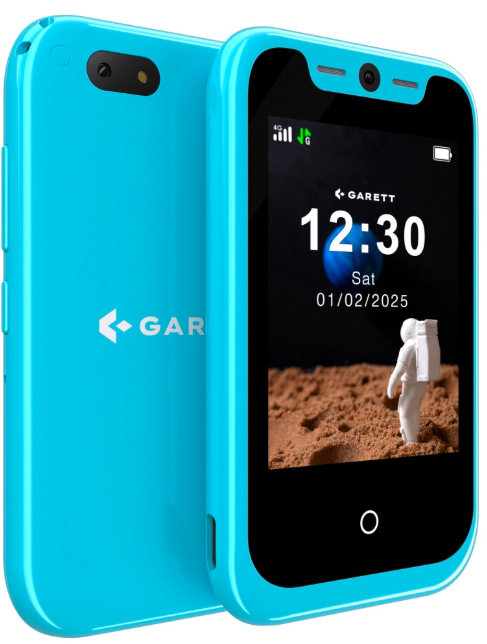 Šikmý pohled na dětský telefon Garett Smartphone OneKid v modré barvě z obou stran