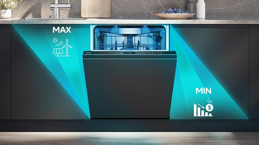 Myčka Siemens v tmavé kuchyňské lince se znázorněním využití energetický zdrojů na max a ušetření finančních prostředků