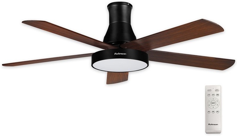 Stropní ventilátor Rohnson s pěti lopatkami a LED osvětlením, s dálkovým ovládáním.