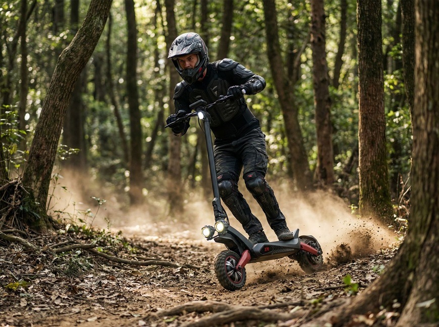 Elektrická koloběžka Sencor SCOOTER X70 černá Elektrická koloběžka Sencor SCOOTER X70 při dynamické jízdě po lesní terénní stezce.