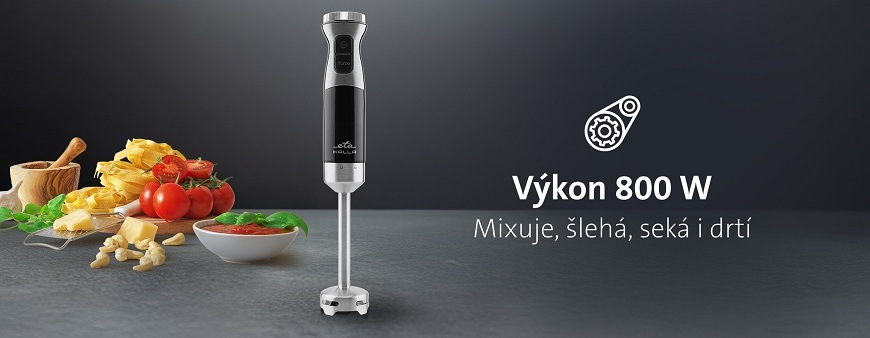 Nerezový tyčový mixér ETA s výkonem 800 W na kuchyňské lince vedle čerstvých surovin; funkce 4 v 1 pro mixování, šlehání, sekání a drcení