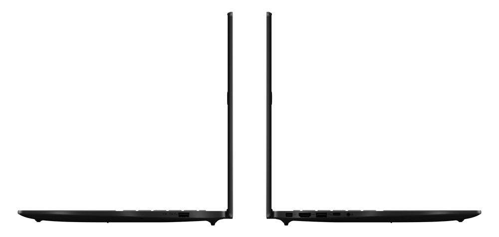 Pohled z obou profilů na otevřené notebooky Asus V16