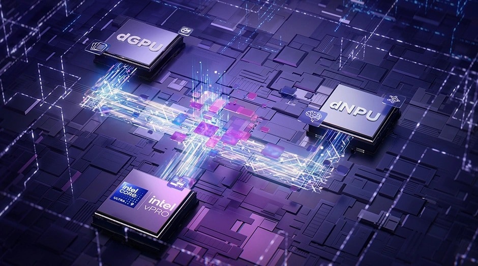 Počítač All In One Lenovo ThinkCentre M90a Pro Gen 6 černý/šedý Digitální znázornění různých výpočetních jednotek propojených zářícími čarami s popisky pro dGPU, dNPU a Intel vPro.