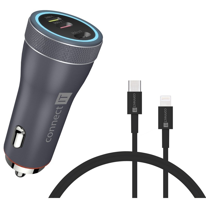 Adaptér do auta Connect IT InCarz DUPLEX, 2x USB-C, 1x Lightning + kabel 1m antracitový