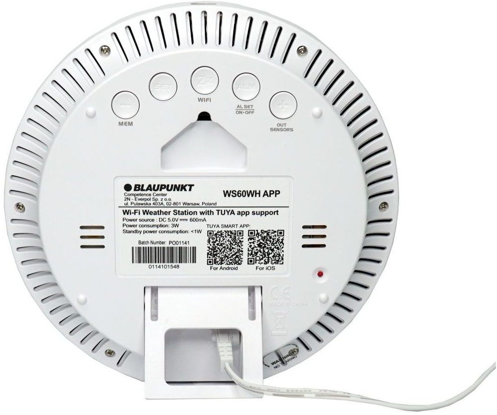 Meteorologická stanice Blaupunkt WS60WH APP bílá Meteostanice Blaupunkt WS60WH APP ze zadní strany