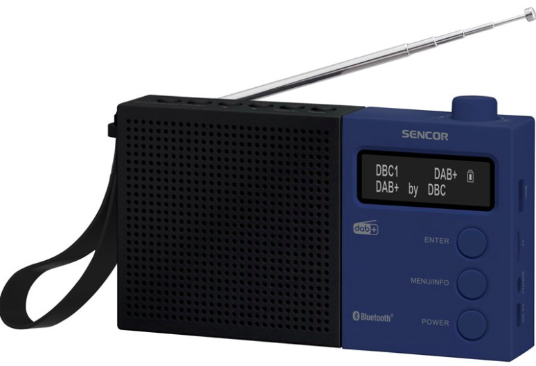 Radiopřijímač DAB+ Sencor SRD 7760BB v modro-černém provedení s teleskopickou anténou a LCD displejem