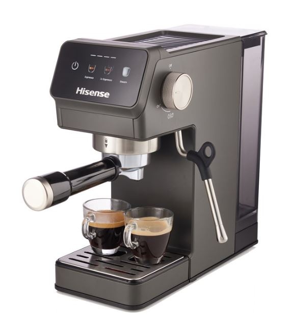 Espresso Hisense HESCM20LP antracitový pákový kávovar Hisense HESCM20LP v antracitovém provedení, natočený z boku, připravil espresso